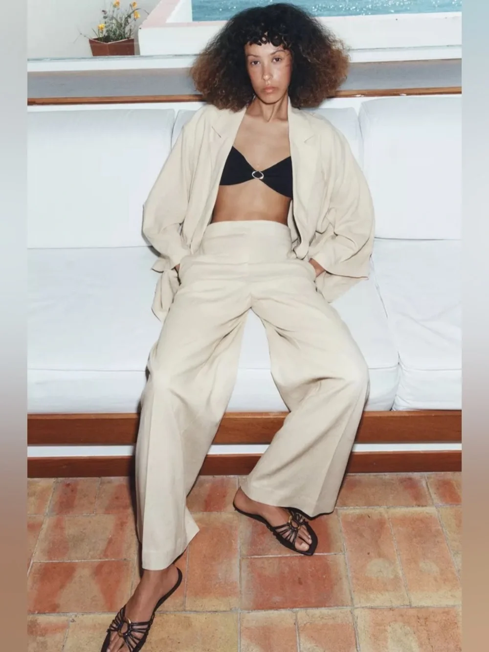 Zara Beige Linen Blend Elastic Waist Straight Leg Pleated Pants